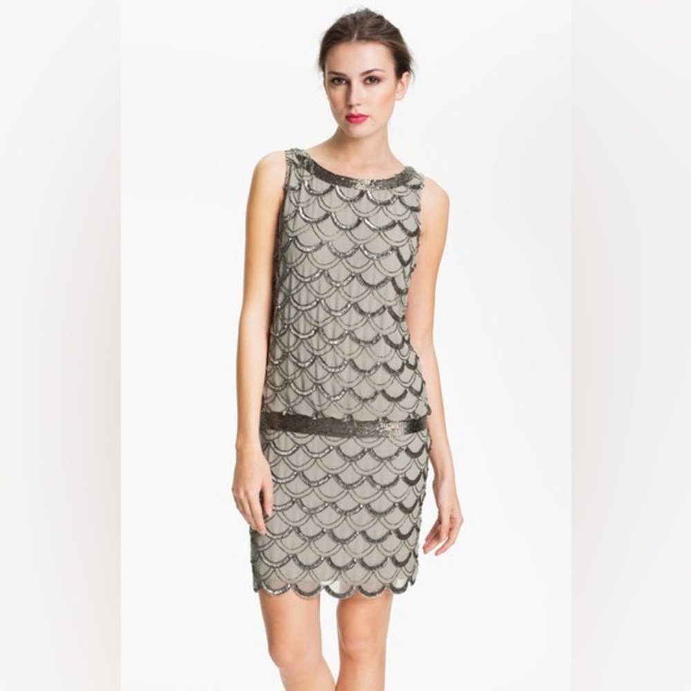 Adrianna Papell Silver Beaded Evening Dress
